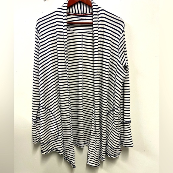 Tommy Hilfiger Nautical Slub Knit Thermal Open Wrap Cardigan Navy/White Stripes - Picture 3 of 9